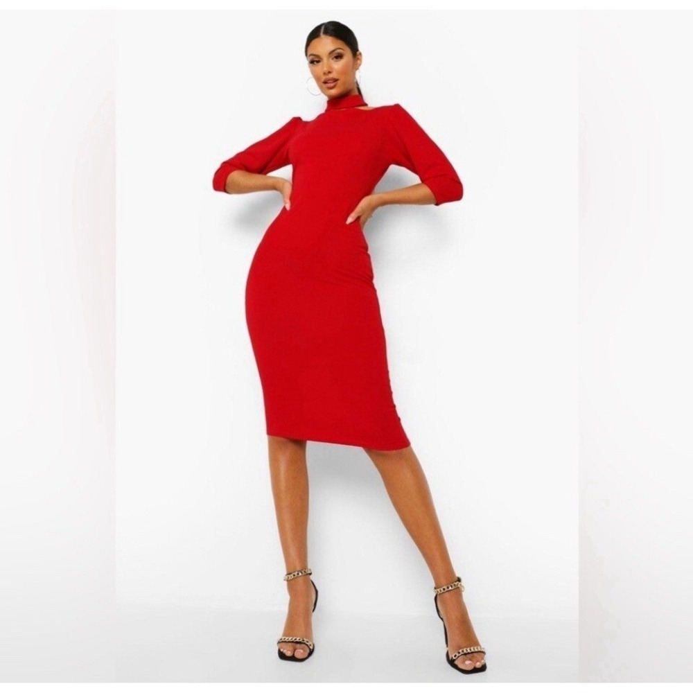 Boohoo Red Choker‎ Detail Puff Sleeve MIDI Dress Size 8 New